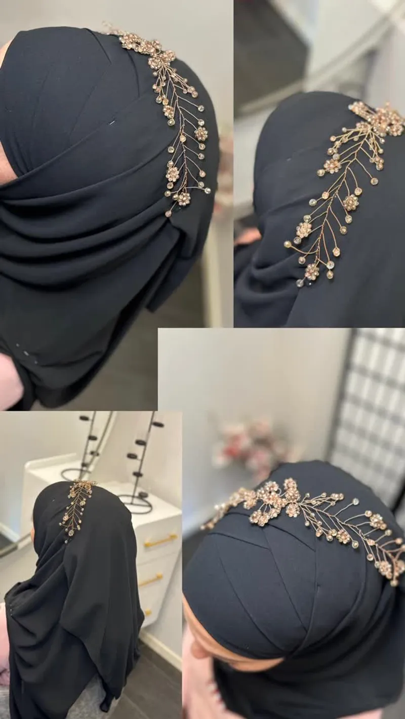 Hijab-Styling mit Rosegold-Haarschmuck aus vier Perspektiven, Detailansichten