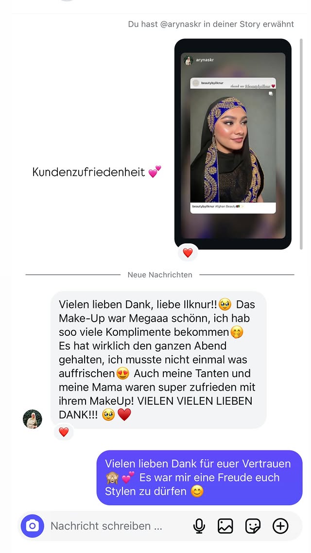 Kundenfeedback per Instagram: Das Make-Up war mega schön, hat den ganzen Abend gehalten. Auch Tanten und Mama waren super zufrieden.