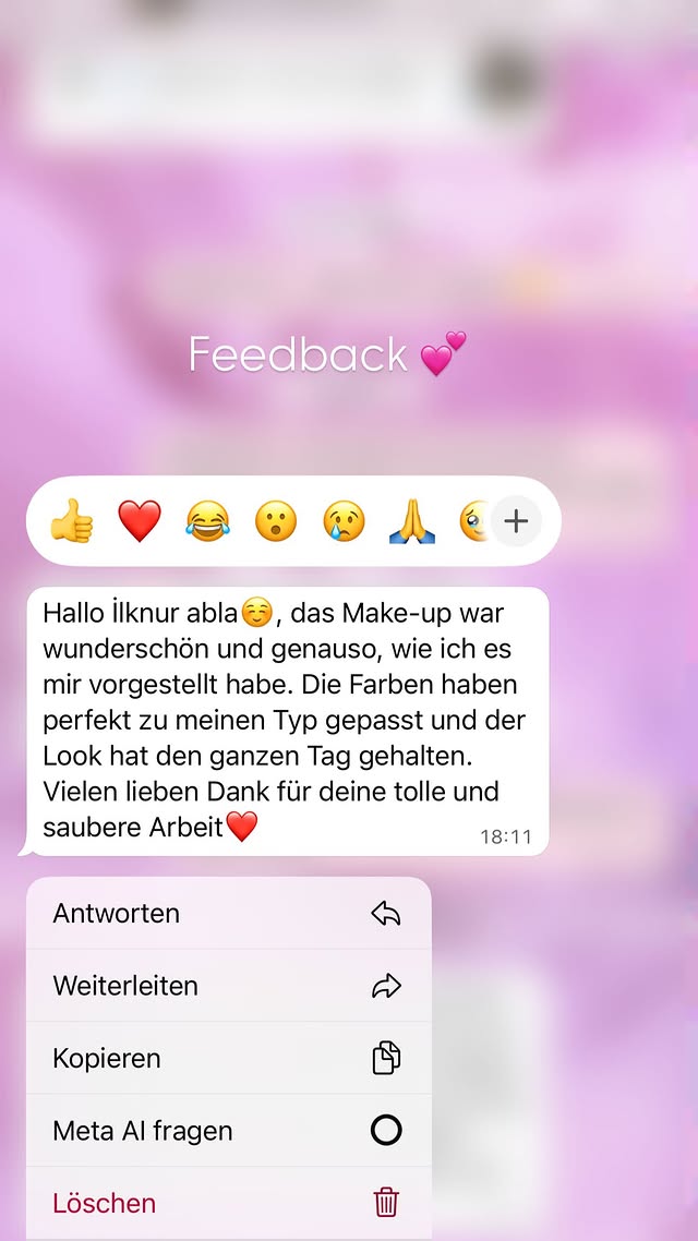 Kundenfeedback per WhatsApp: Das Make-up war wunderschön und genauso wie vorgestellt. Die Farben haben perfekt gepasst und der Look hat den ganzen Tag gehalten.